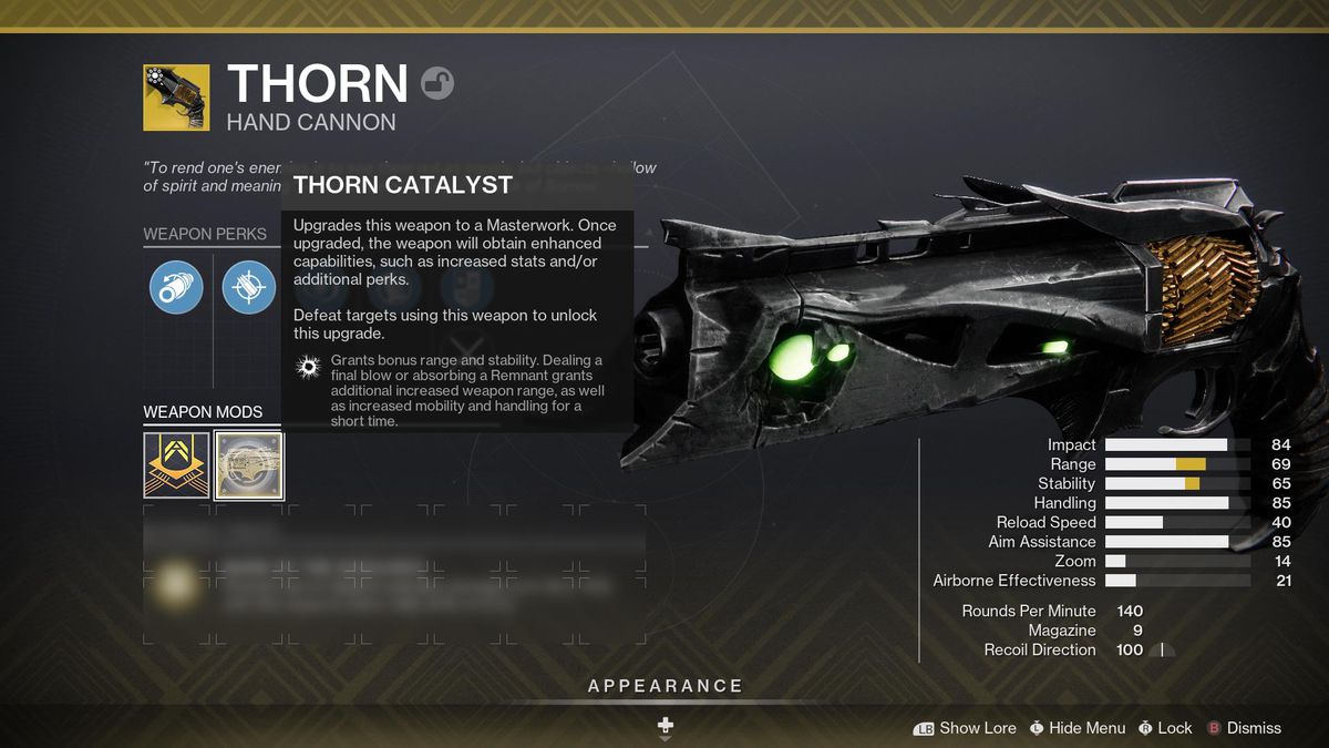 A look at the in-game menu showing the Thorn Catalyst and its various effects