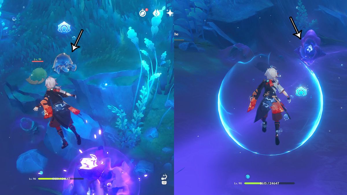 A split image shows a character approaching a purple pond in Genshin Impact.