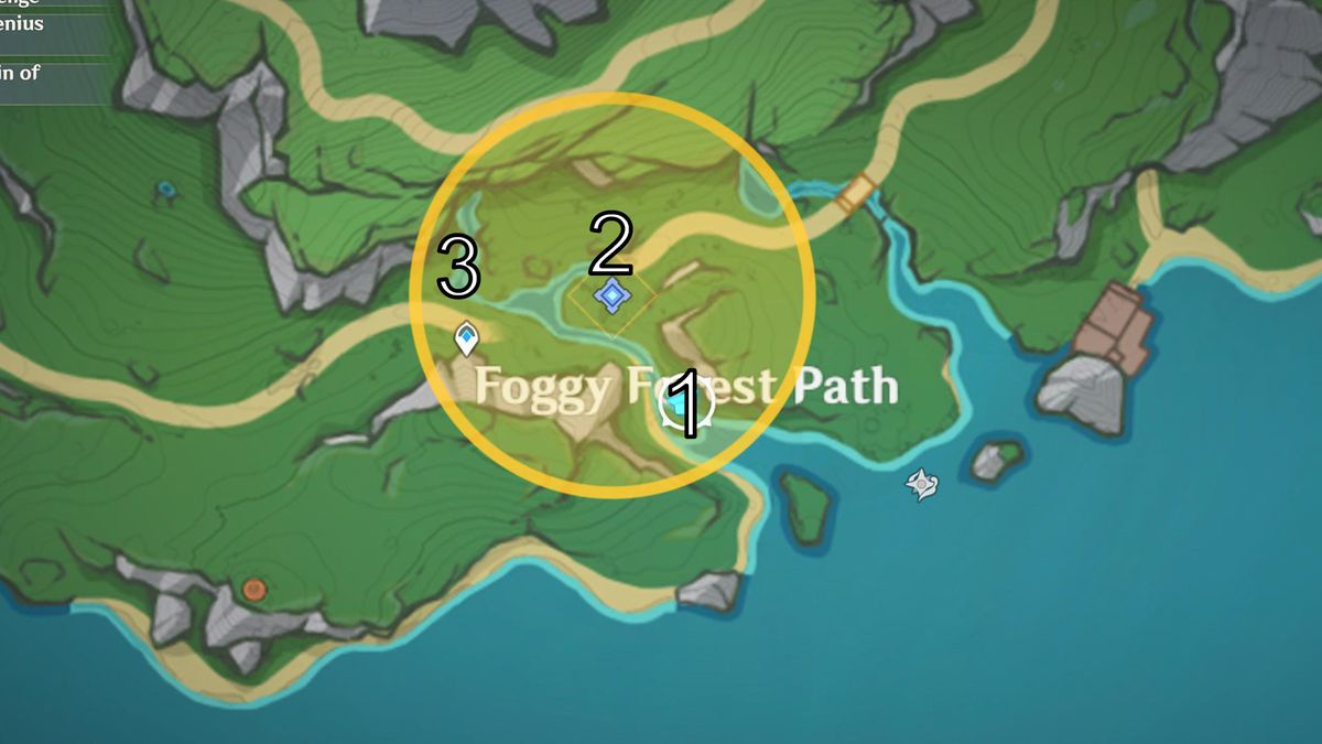 A map shows the location of veraious abilities for the Wild Fairy of Erinnyes in Genshin Impact.