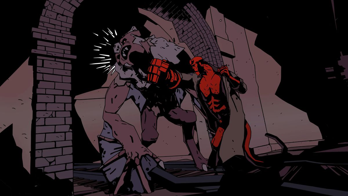 Hellboy punching a bat-like creature in Hellboy Web of Wyrd.