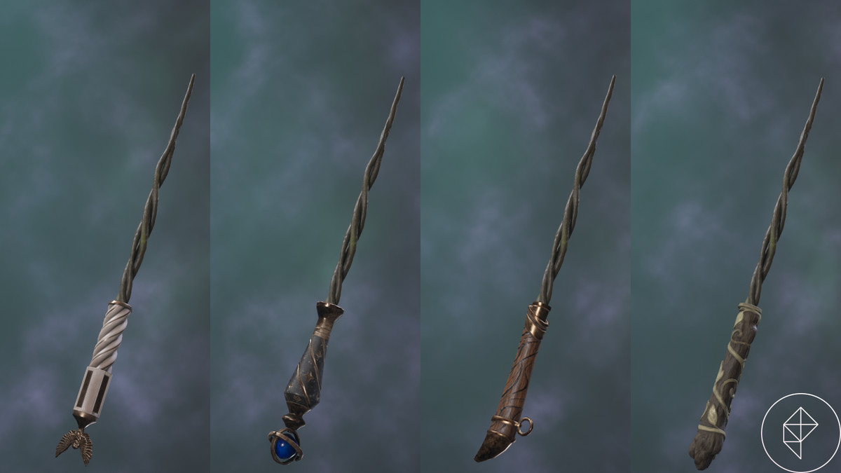 four images of the same wand with four different handles in Hogwarts Legacy