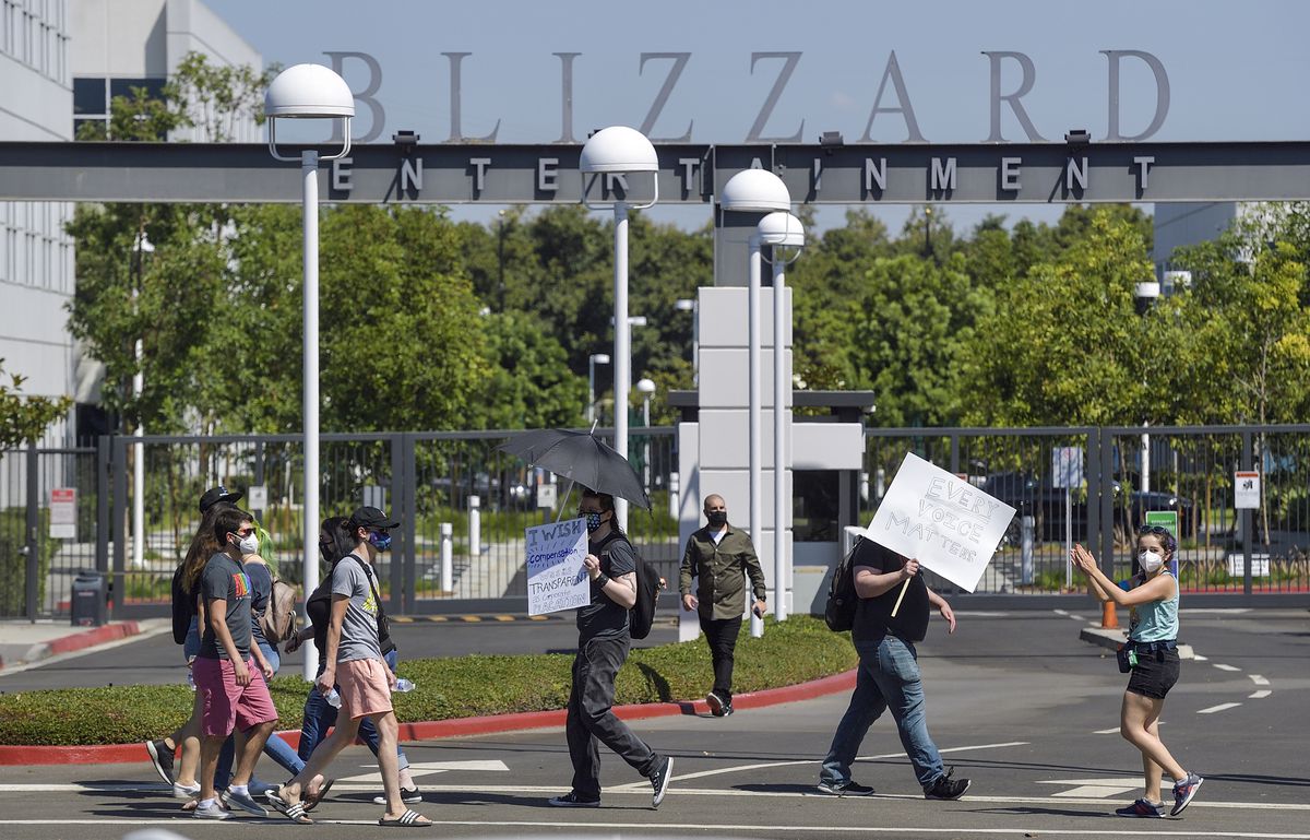 Blizzard Entertainment employees and supporters protest for better working conditions in Irvine, CA, on Wednesday, July 28, 2021.