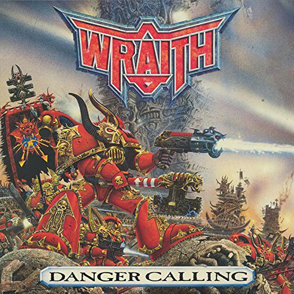 A Chaos Khorne Space Marine s tands atop a pile of rubble firing his plasma pistol on the cover of Wraith’s Danger Calling