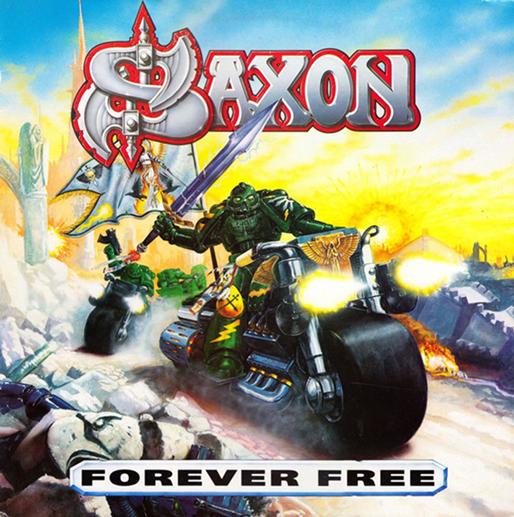 A Dark Angels space marine rides into battle on his bike in the cover art of Saxon’s Forever Free.