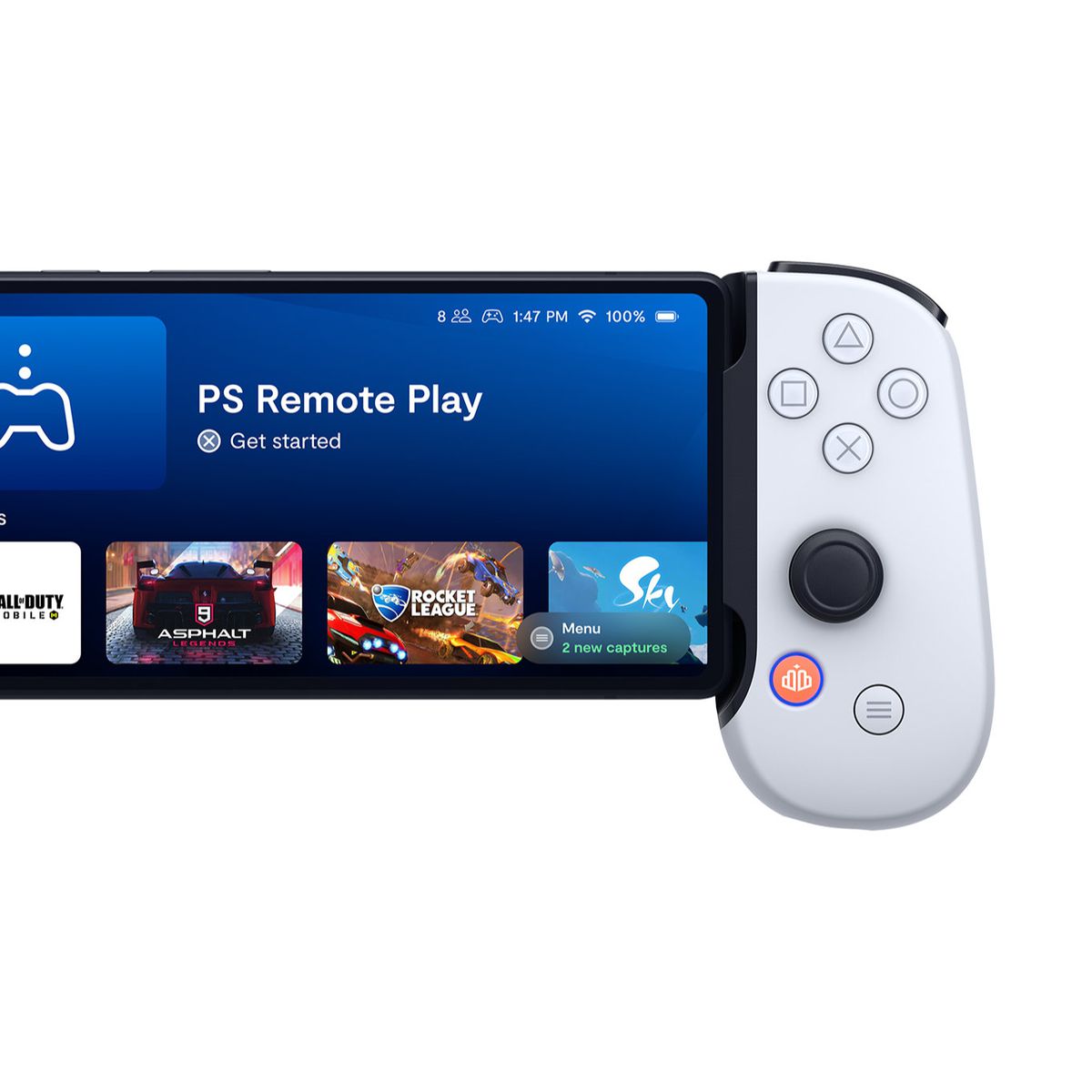 The Backbone PlayStation edition for Android. The controller is advertised spread open with a phone sitting in its middle. The phone’s screen shows a user interface that’s much like a console dashboard, filled with tiles of games and other interactive features, like videos and friends lists.