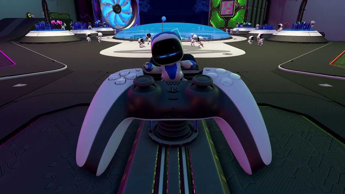 Captain Astro on top of a DualSense controller in Astro’s Playroom