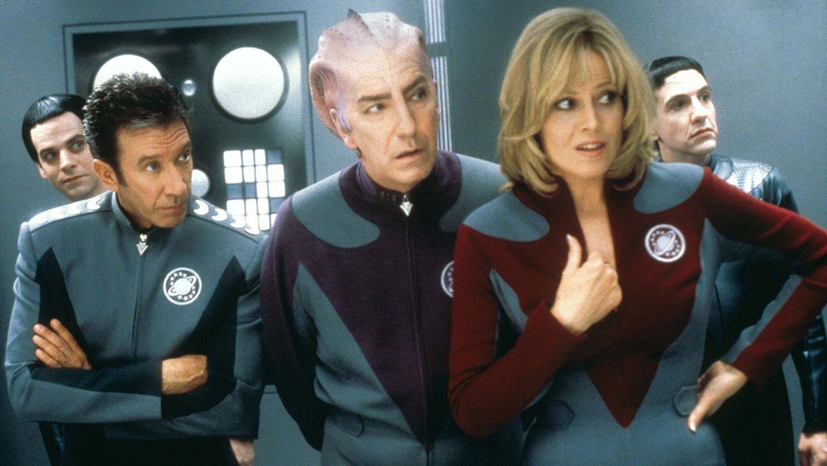 Tim Allen, Alan Rickman, and Sigourney Weaver wearing Star Fleet-esque uniforms in Galaxy Quest.