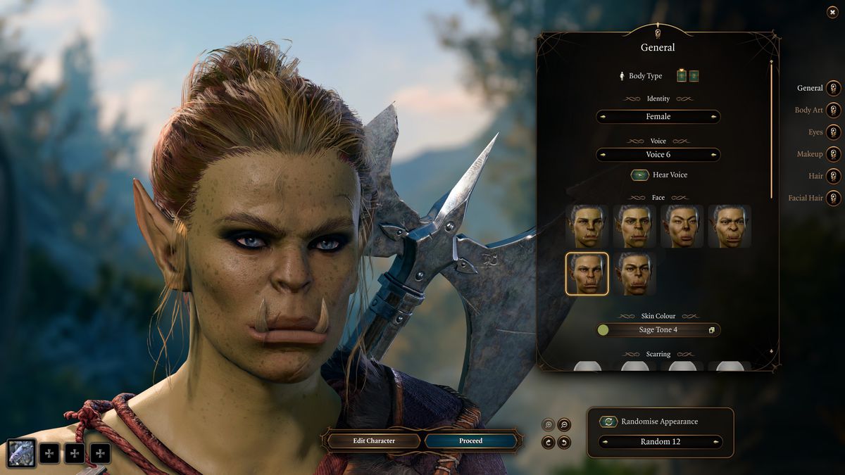The character creation screen in Baldur’s Gate 3, depicting my female barbarian half-orc fighter, who has green skin and red hair pulled back in a ponytail