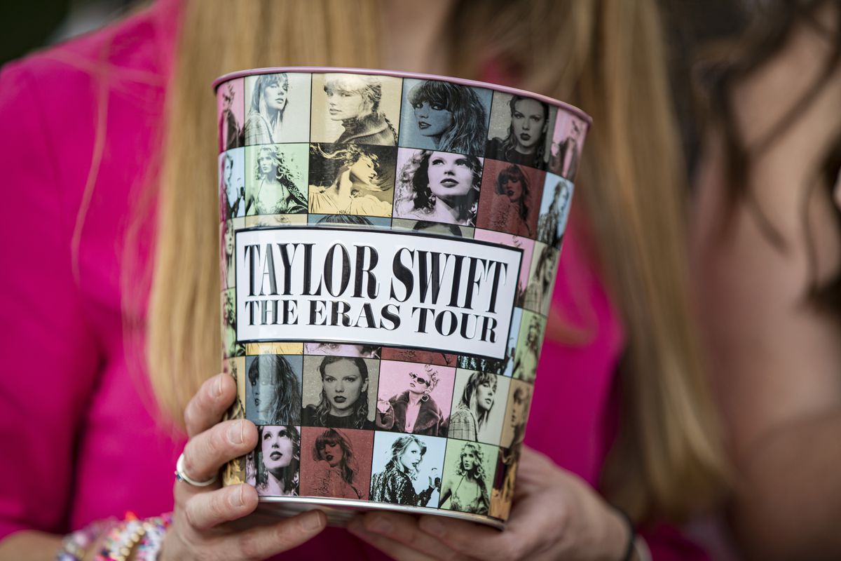 A picture of a popcorn bucket at the “Taylor Swift: The Eras Tour” movie premier.
