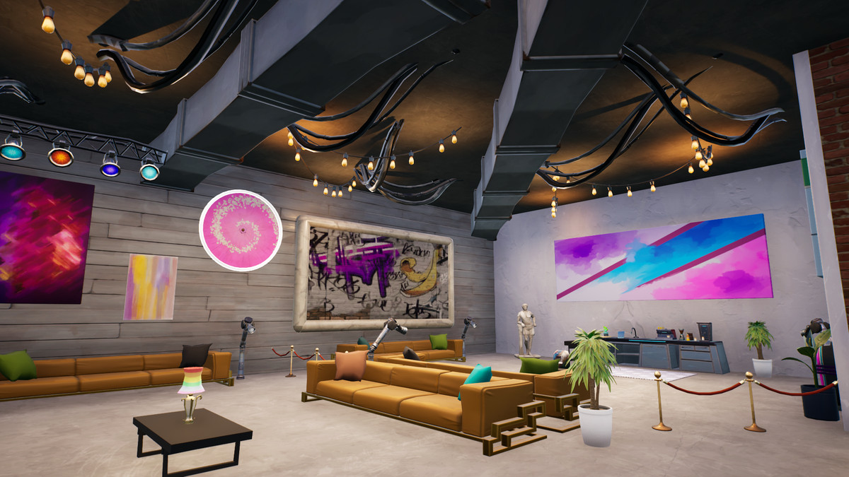 The lounge in the Moxy hotel recreation in the Marriott Bonvoy ad in Fortnite