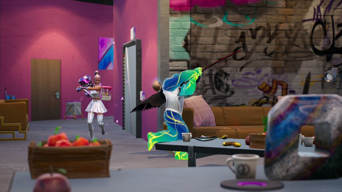 Ariana Grande chases a Kool-Aid Man wielding a sword in the Moxy Hotel in the Marriott Bonvoy ad space in Fortnite