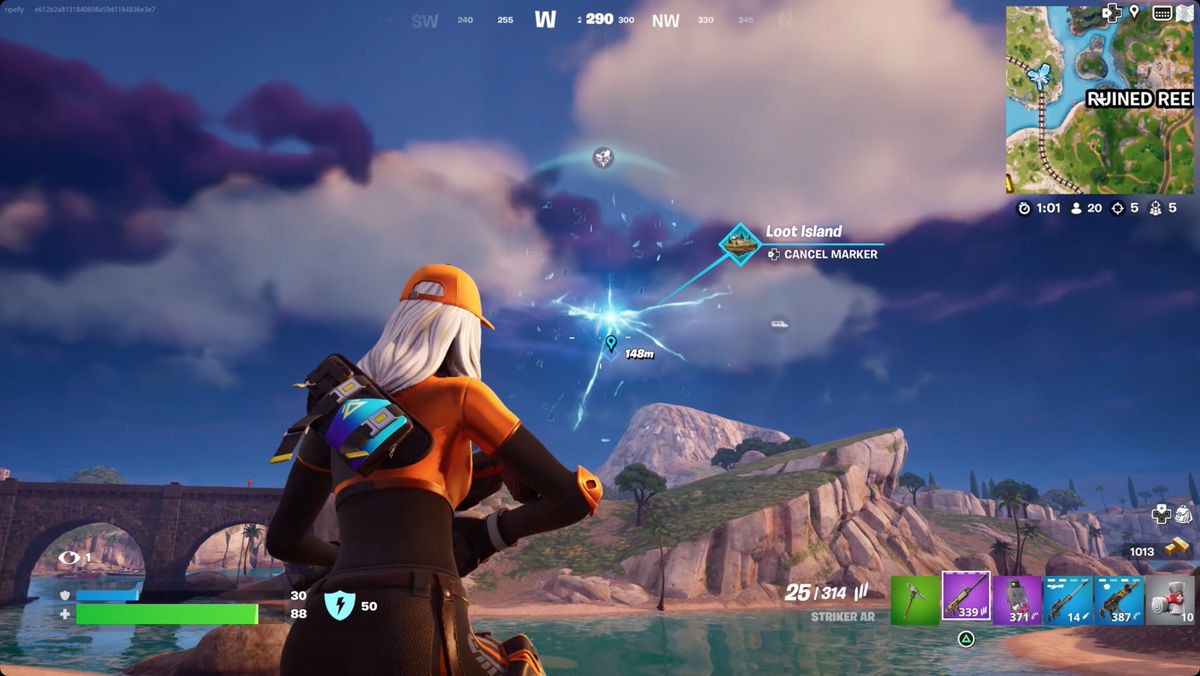 Fortnite Winterfest approaching the floating loot island where you’ll find Crackshot’s Cabin