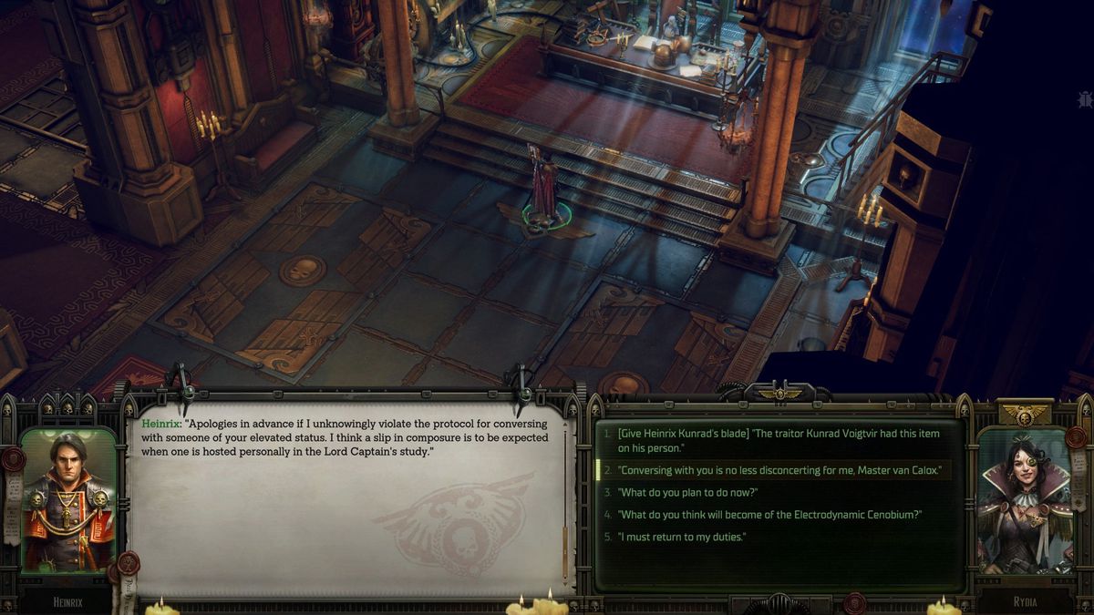 A Rogue Trader romances Heinrix in conversation in Warhammer 40K Rogue Trader.