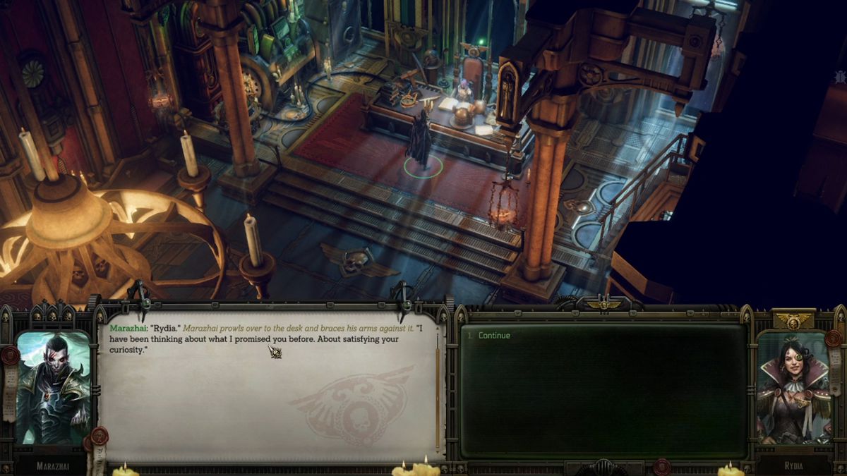 A Rogue Trader talks to Marazhai to romance them in Warhammer 40K Rogue Trader.