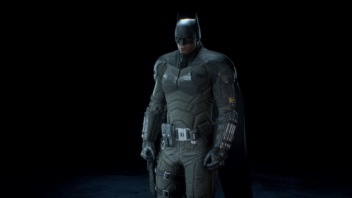 Batman wearing the Robert Pattinson-inspired The Batman skin in Batman: Arkham Knight