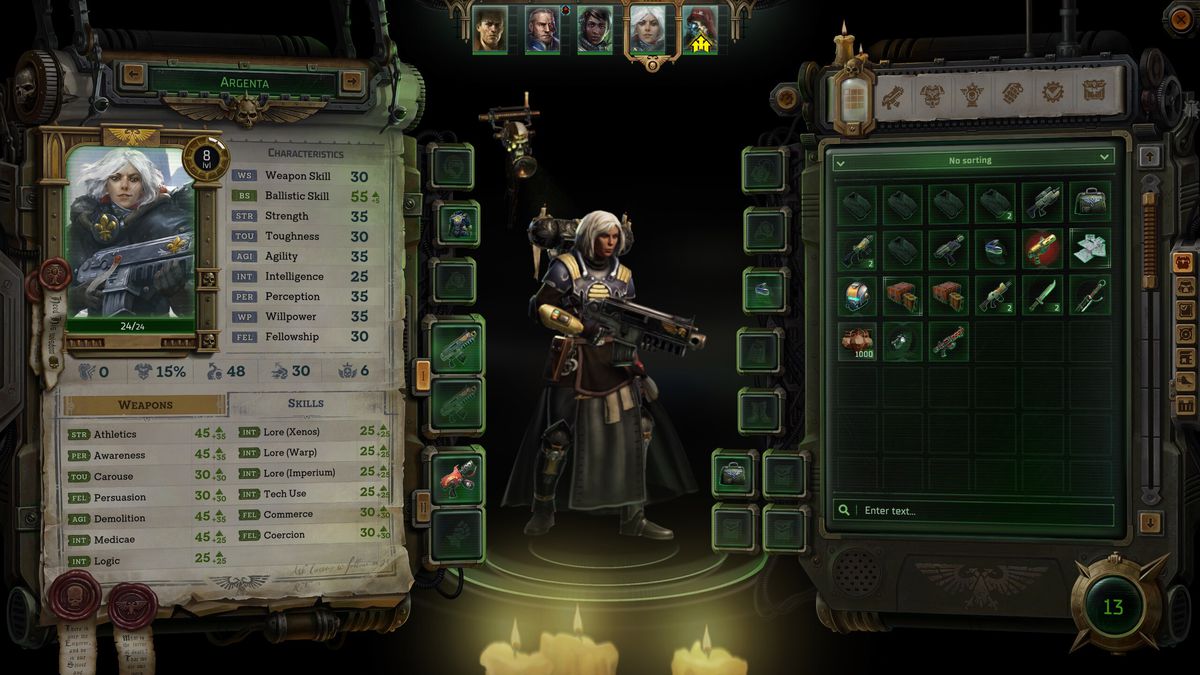 Argenta, a Sister of Battle, in the companion select screen of Warhammer 40,000: Rogue Trader