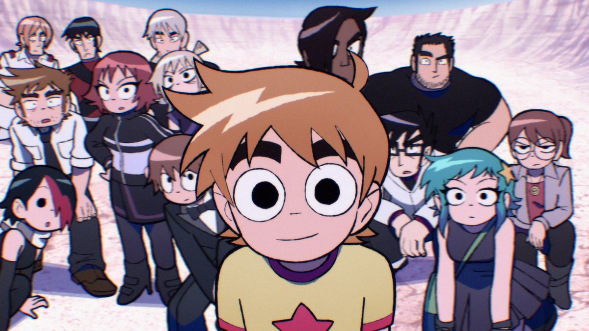 All the main characters in Scott Pilgrim Takes Off stare at the camera while standing in a crater.
