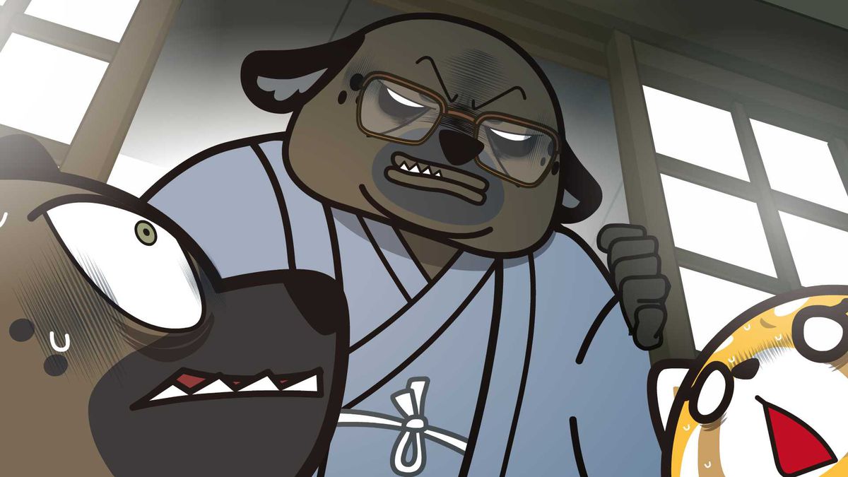 haida’s overbearing father, a large hyena in a robe, stares down angrily at haida and retsuko, who both look up fearfully in Aggretsuko season 5.