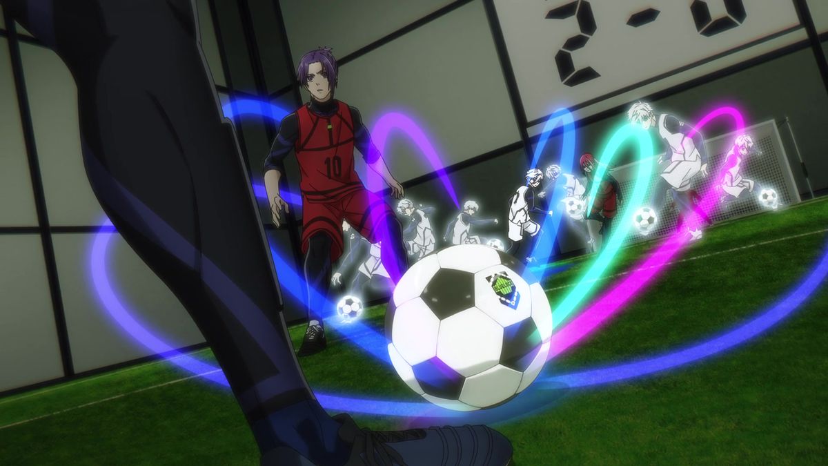 A low-angle shot of a soccer player calculating the trajectory of his next kick with ghostly projections of his opponent’s next move in Blue Lock.