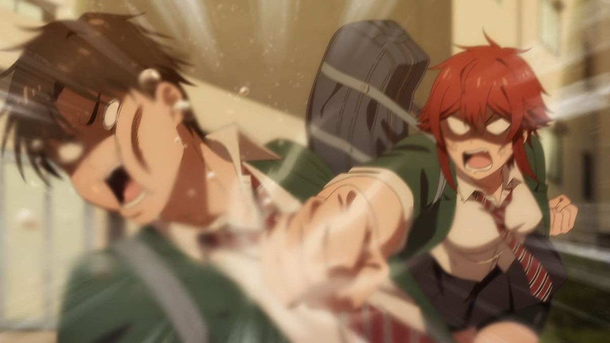 A freeze-frame shot a young red-haired anime woman in a green school uniform punching a brown haired anime boy in a matching uniform.