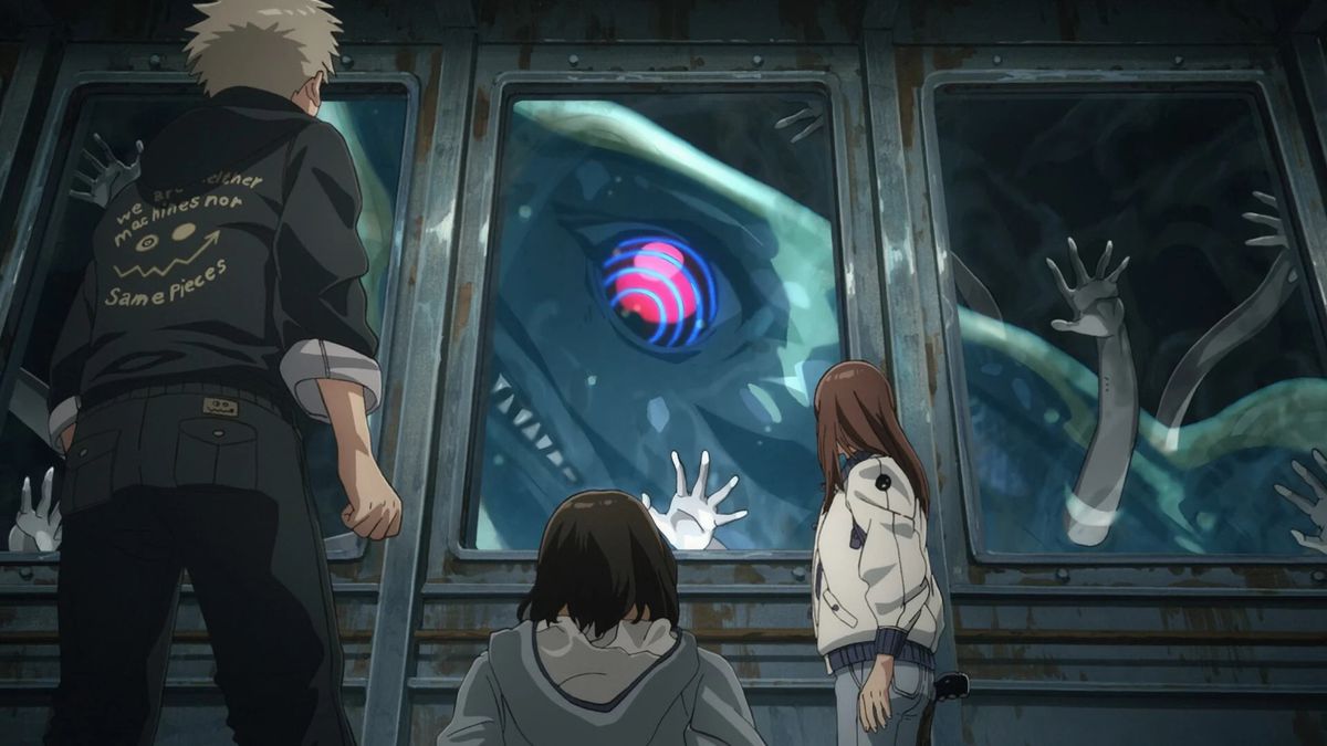 A blond-haired boy (Maru), a brown-haired boy, and a brown-haired girl (Kiruko) stare at a fish creature with multiple arms through the window of a ship in Tengoku Daimakyo (Heavenly Delusion).