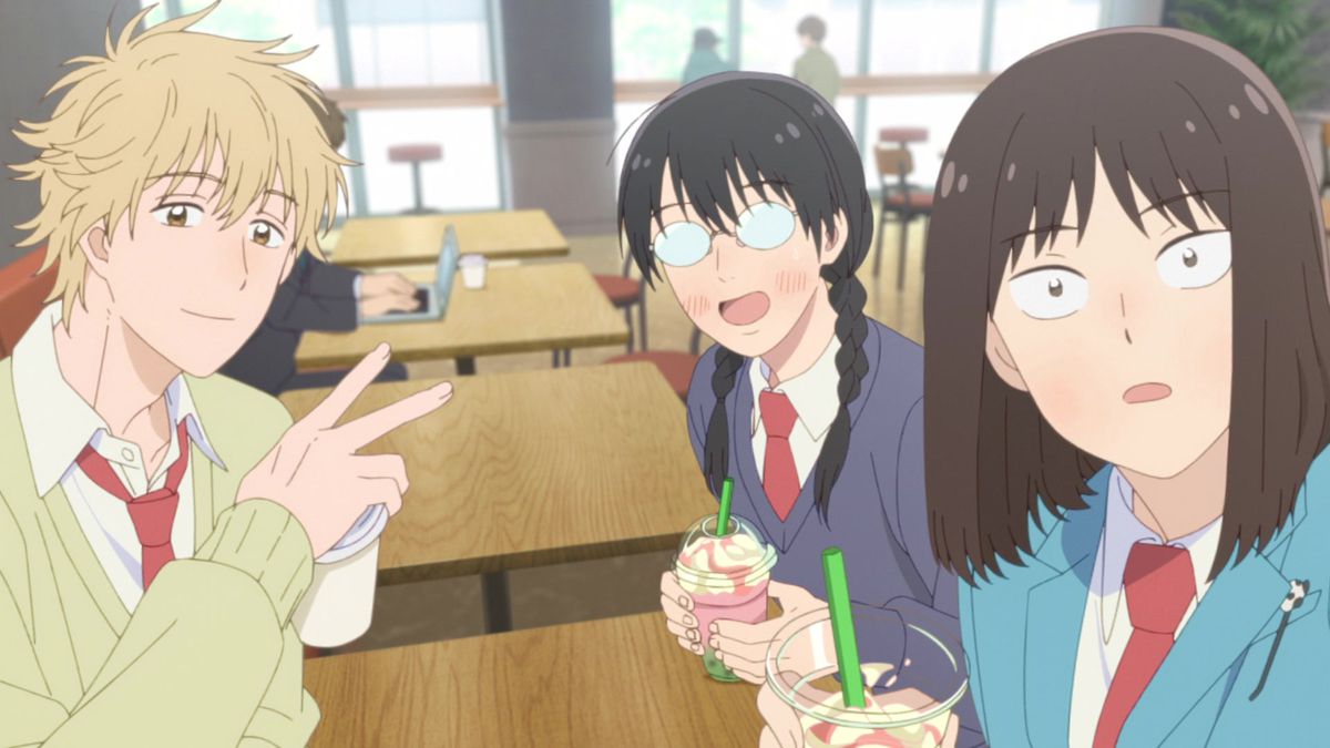 (L-R) A blonde-haired anime boy (Sosuke), A black-haired anime girl with pigtails and glasses (Makoto), and a brown-haired anime girl (Mitsumi) stare forward at their picture being taken in Skip and Loafer.