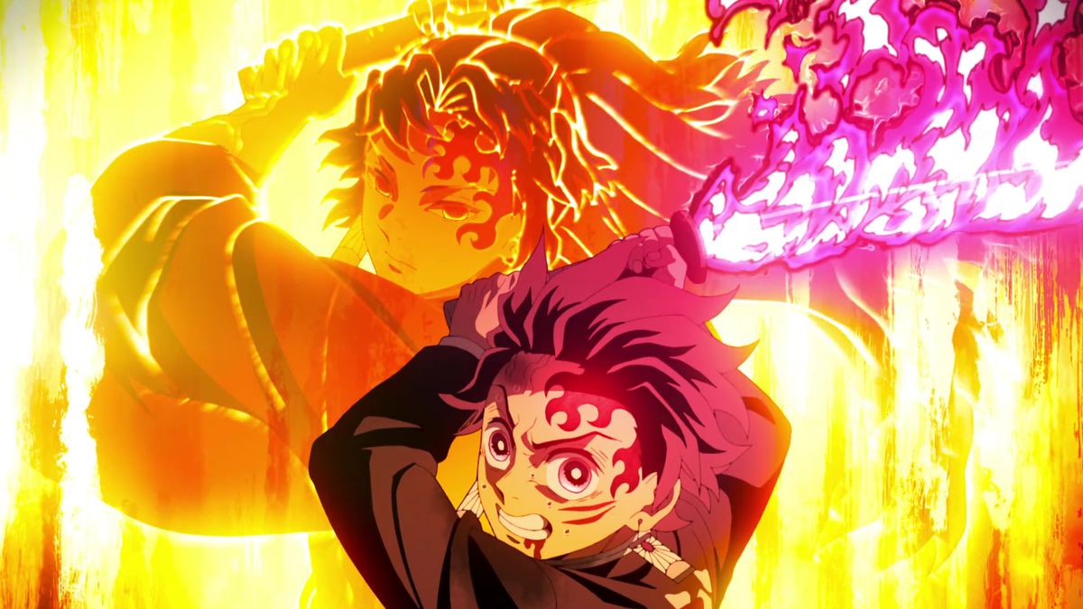 A red-haired anime boy (Tanjiro) holding a flaming sword with the ghostly image of another swordsman with a similar scar and hair in Demon Slayer: Kimetsu no Yaiba.