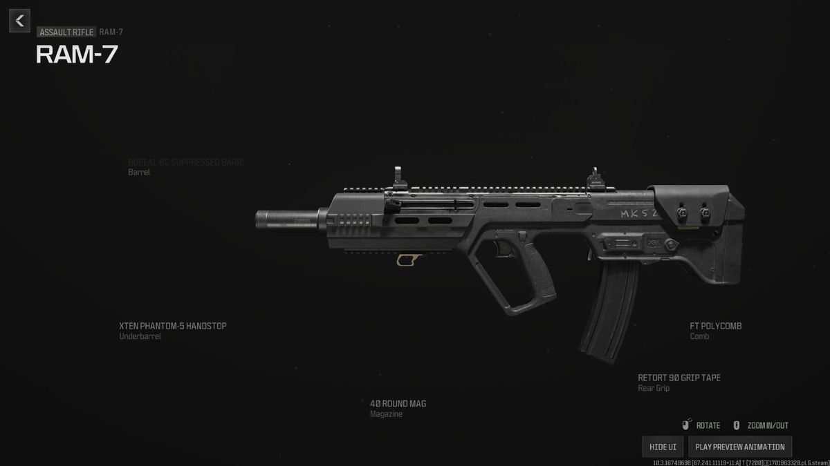 A menu shows the best attachments and loadout for the RAM 7 in MW3.