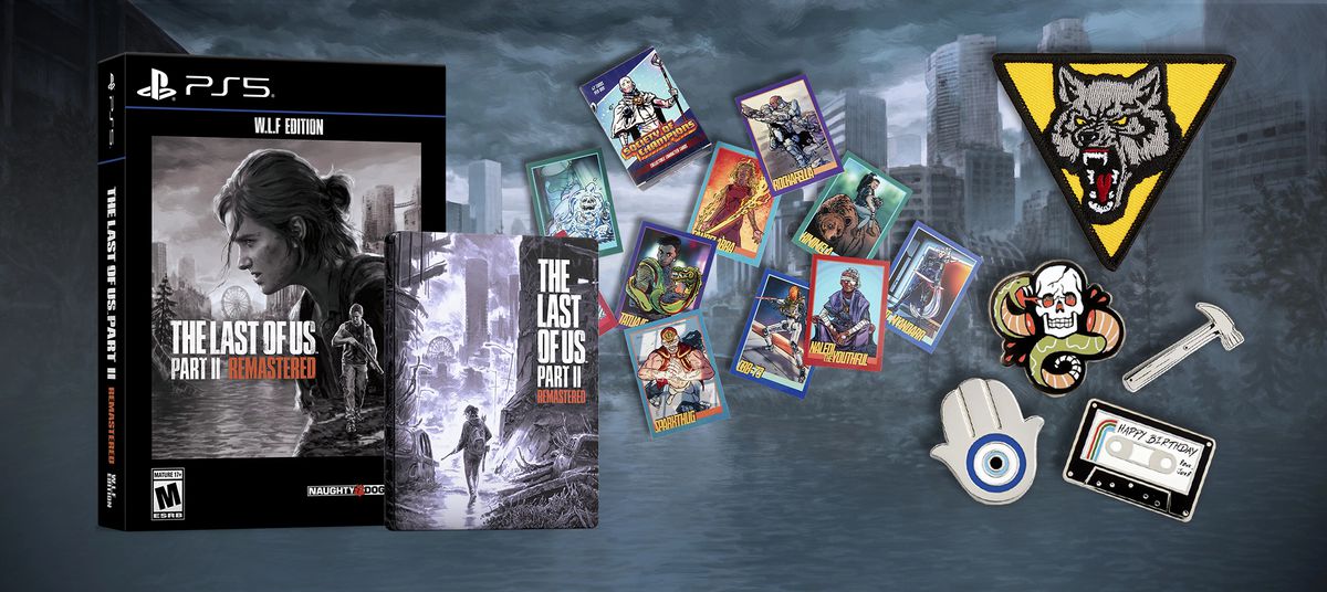 A stock image of the bonus items included with The Last of Us Part II Remastered WLF edition