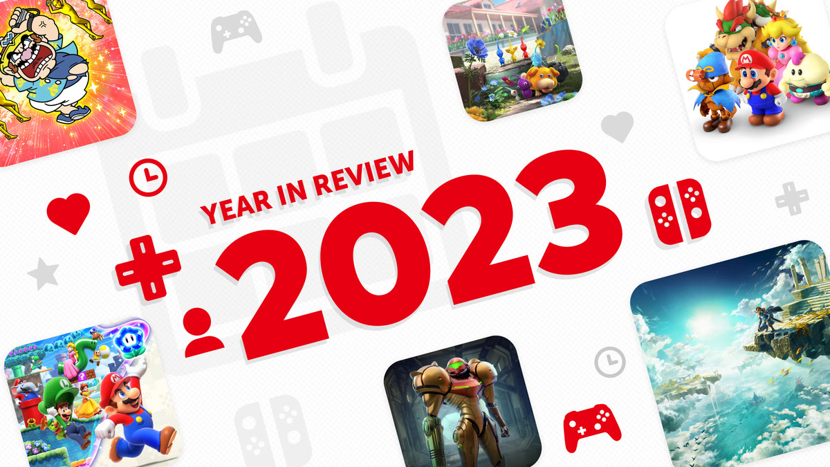 A graphic reading “Year in Review 2023” surrounded by screenshots of Nintendo games