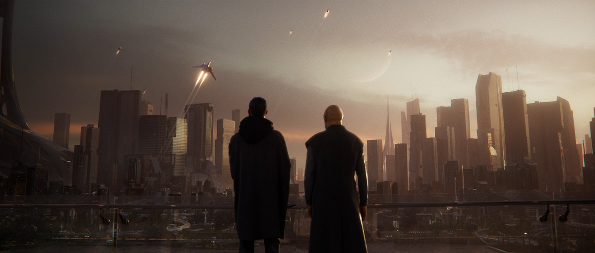 The protagonist and a museum guide look out over an urban landscape in Exodus, the upcoming RPG from former BioWare devs