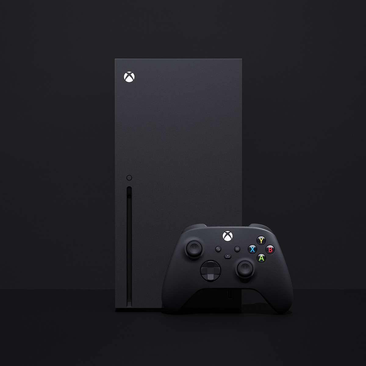 product image of Xbox Series X standing up with controller standing up in front of it, on a black background