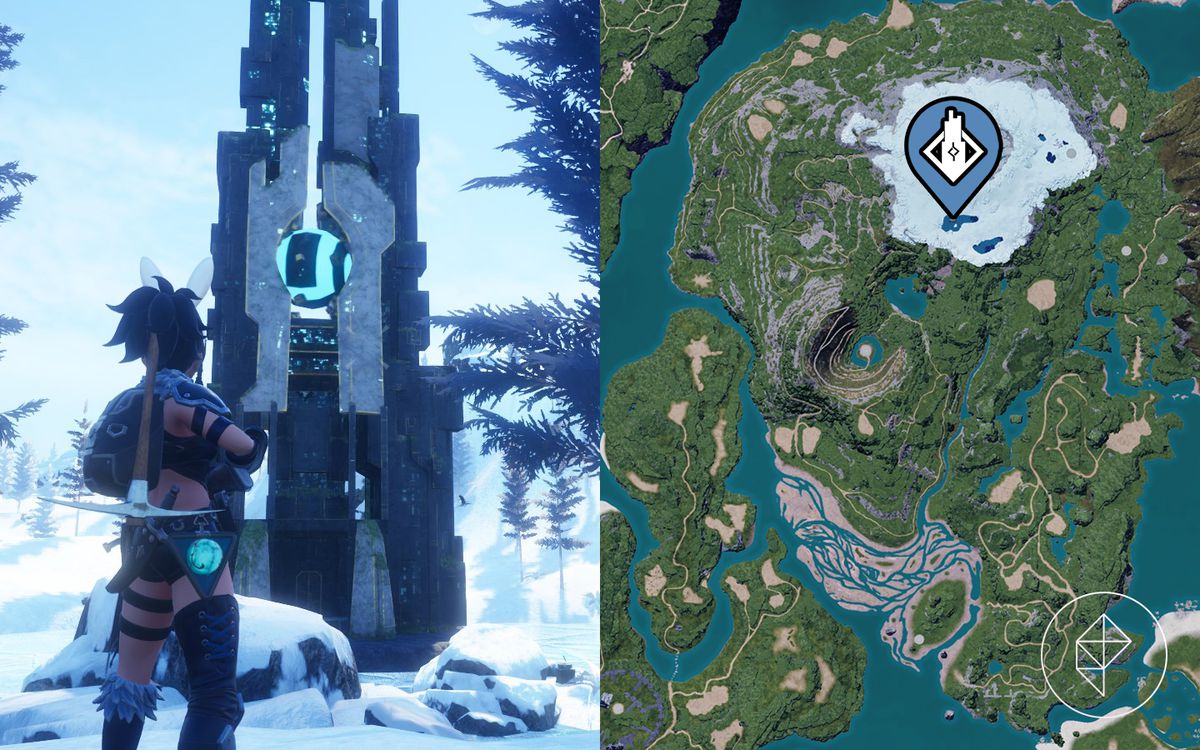 A Palworld stands in front of a tower in the snow with a map showing where it is.