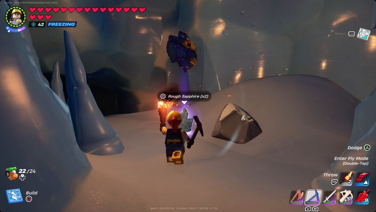 Lego Fortnite player harvesting sapphire in a Frostlands biome cave