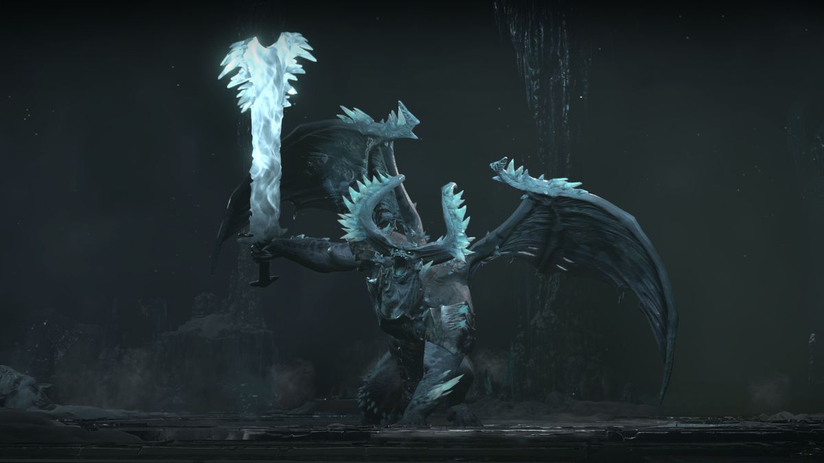 The Beast in Ice roars in a cave in Diablo 4.