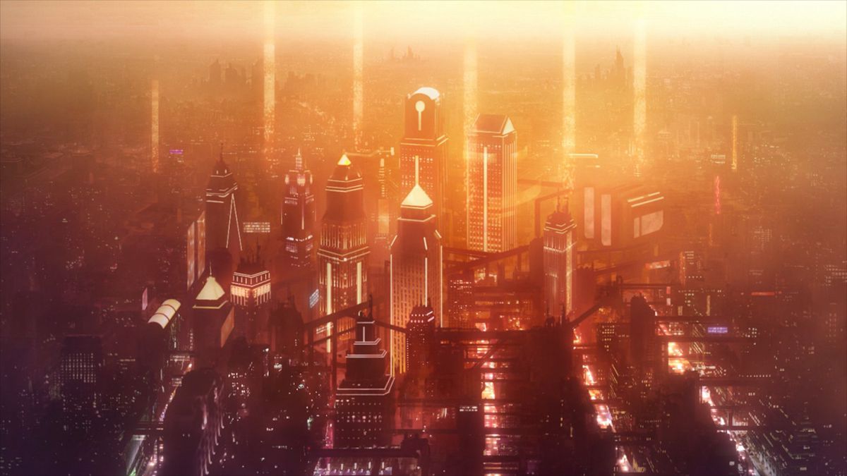 A futuristic cityscape with large skyscrapers and shafts of light rising into the sky in Metallic Rouge.