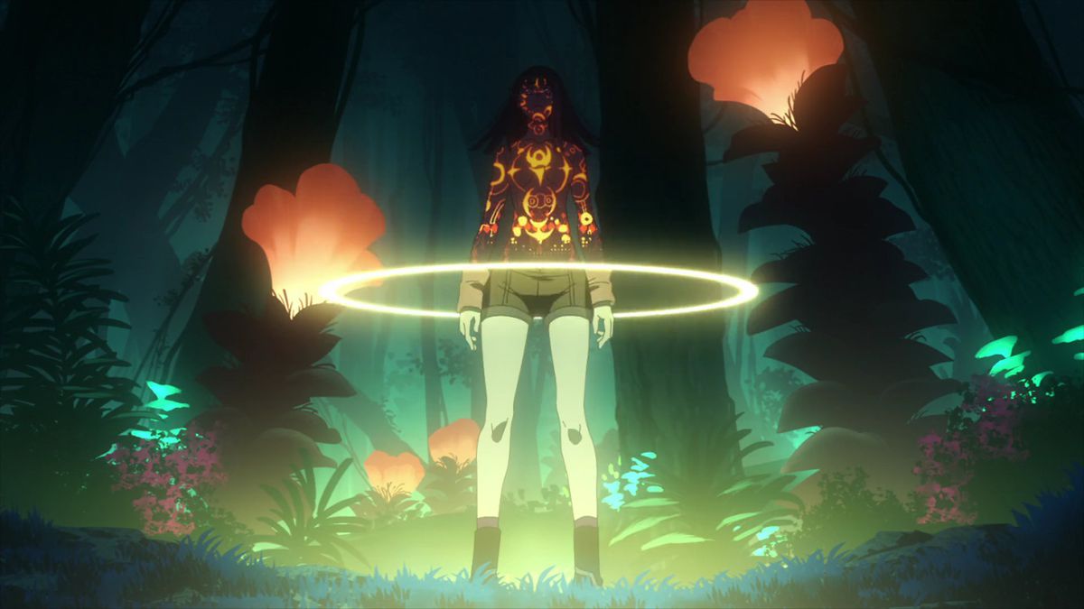 A woman standing in a forest of glowing alien-like plants, surrounded by a halo of light as intricate circular symbols bath the upper half of her body in Metallic Rouge.