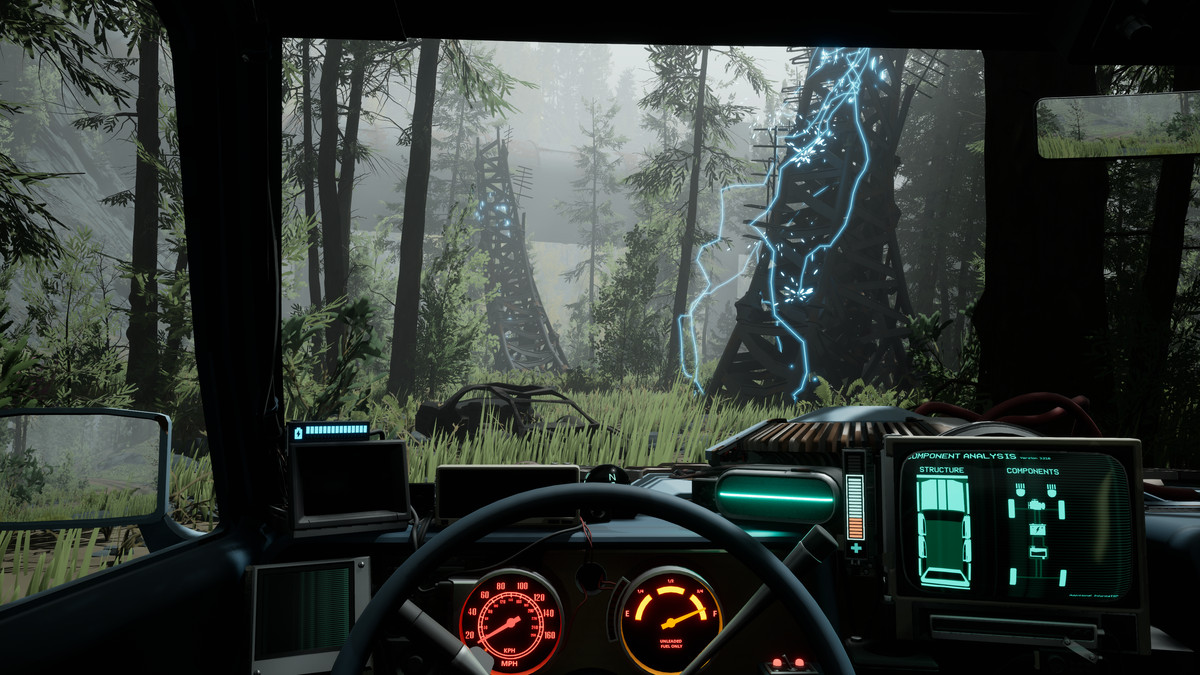 A cockpit view from behind the wheel of Pacific Drive’s station wagon, with several extra readouts visible. Through the windscreen we see pine forests and a lightning strike