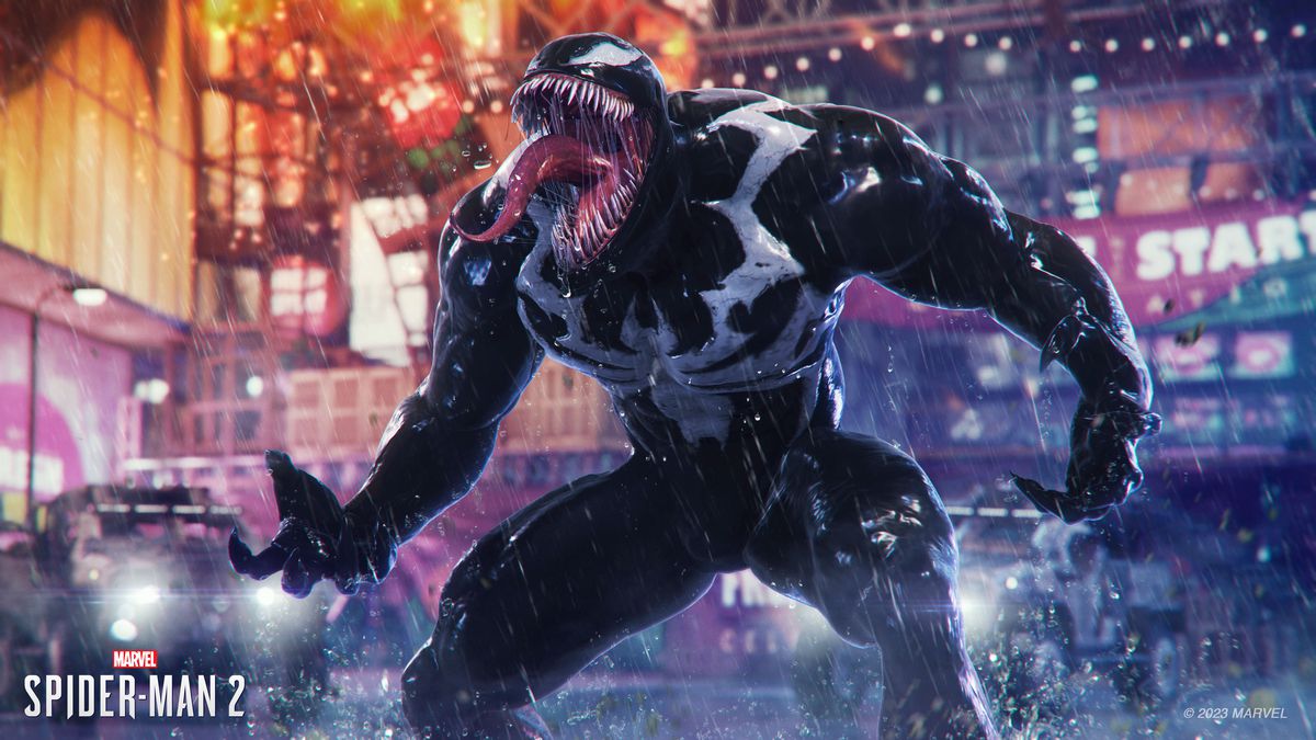 Venom roars monstrously on a rainy night street in New York City in Spider-Man 2