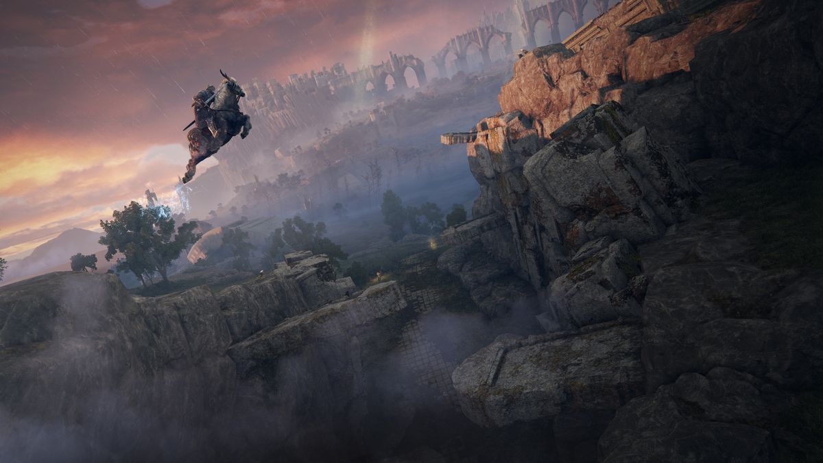 A Tarnished on horseback leaps across a cavern in a screenshot from Elden Ring