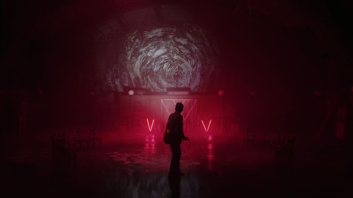 Alan Wake standing in front of an ominous neon-lit altar with a pistol in hand in Alan Wake 2.