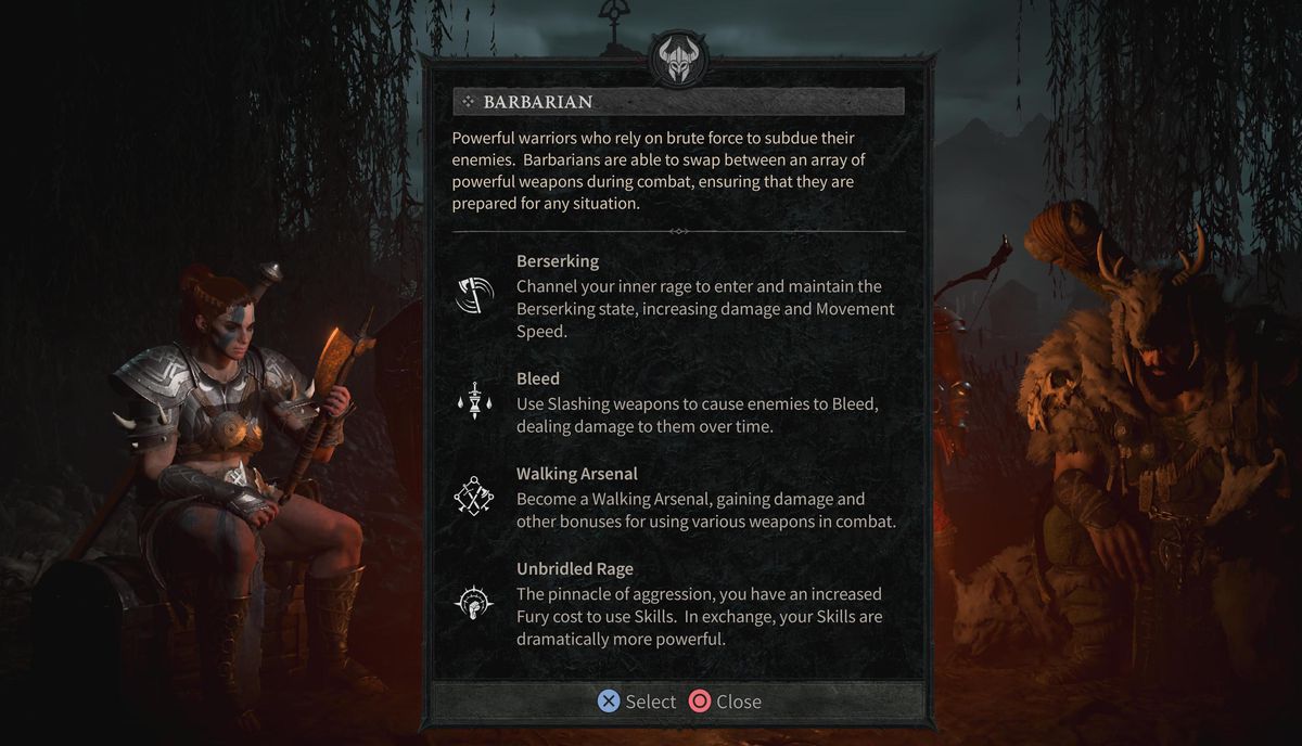 A barbarian sits next to a description of the barbarian class in Diablo 4.