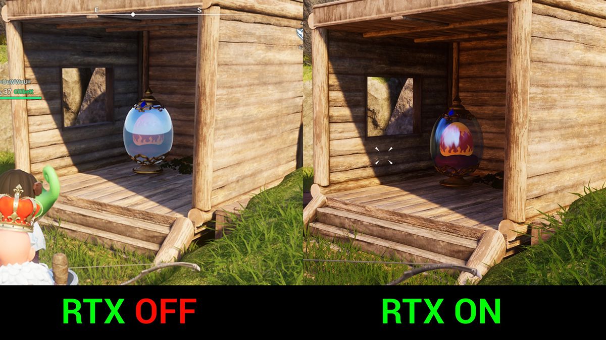 A Palworld mod shows the difference between RTX on and RTX off in Palworld.