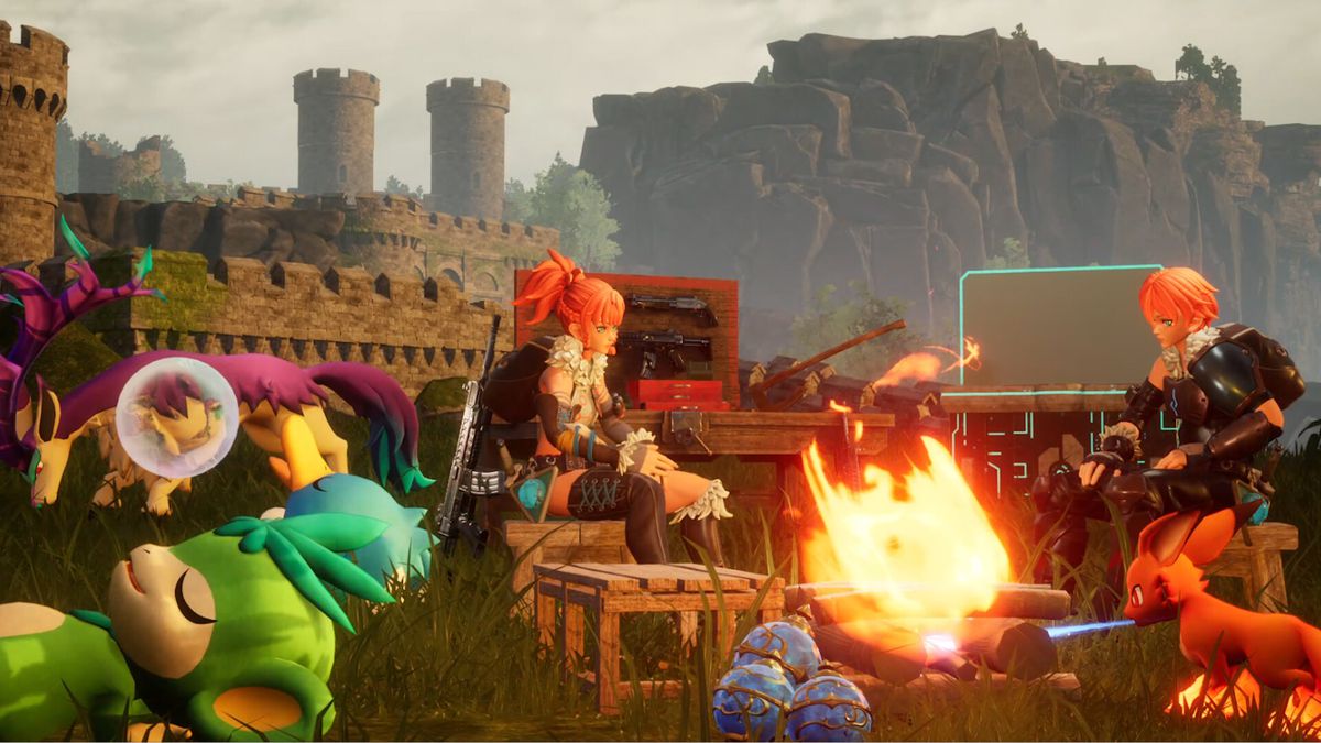 An image of characters and creatures in Palworld sitting down and relaxing by a fire. A green monkey lays in the grass and two people sit by the fire in tall grass. 