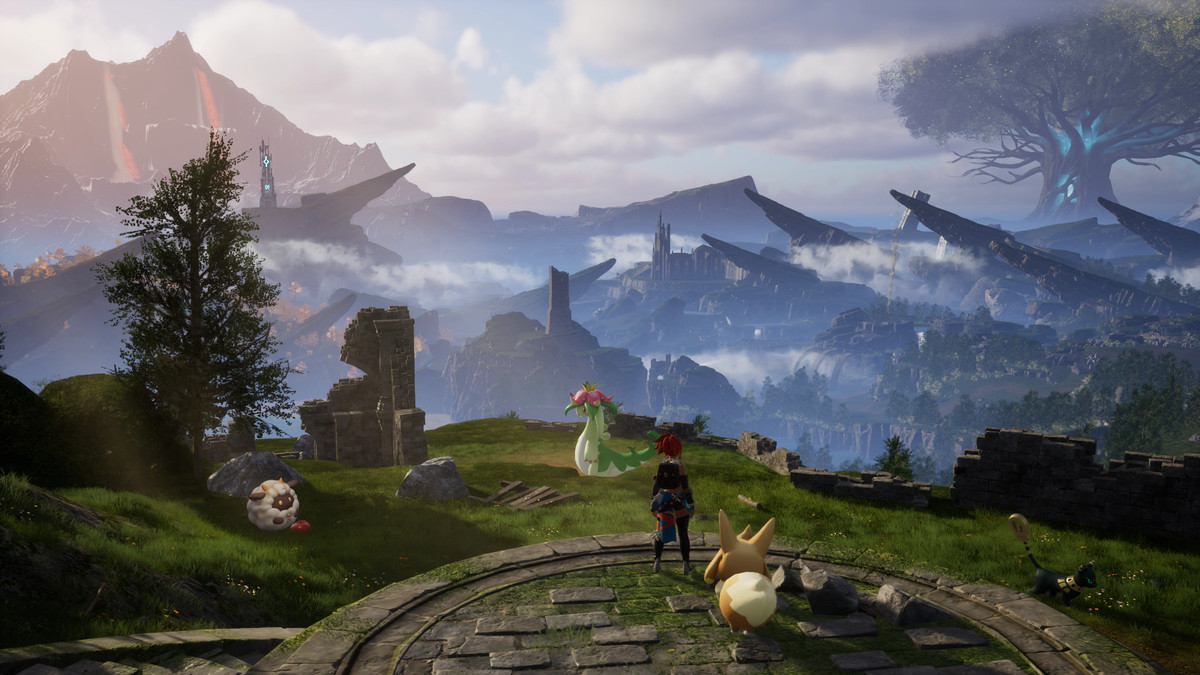 An image of a Palworld character looking out over a vast horizon. There’s a volcano in the distance and creatures are walking around in the grass. 