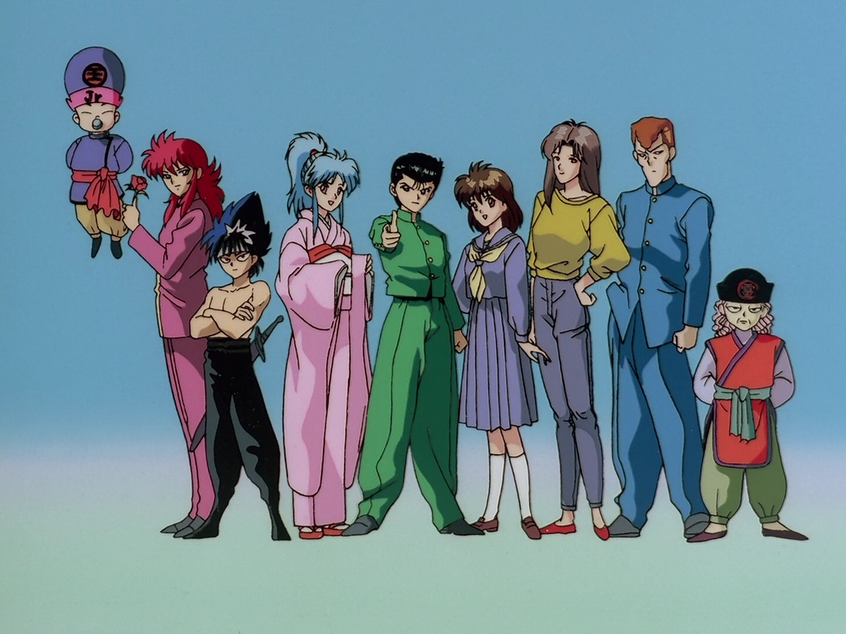 From left: Koenma, Kurama, Hiei, Botan, Yusuke Urameshi, Keiko, Shizuru, Kuwabara, Kazuma Kuwabara, and Genkai from the 1992 Yu Yu Hakusho.