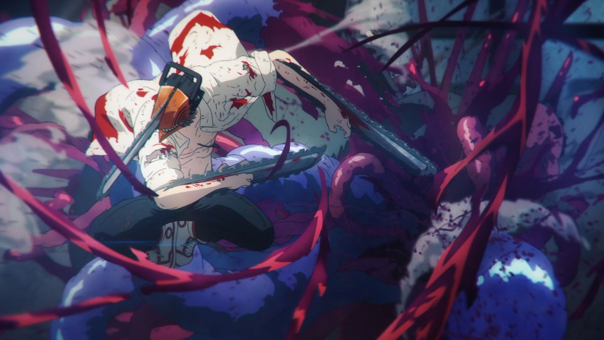 A man wearing an bloodied, unbuttoned white shirt with chainsaw blades protruding from his head and arms pierces through a bloodied hole in the side of a monster, purple viscera, blood, and entrails spilling out.