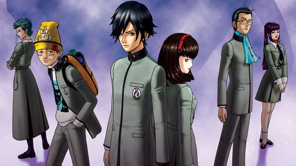 The characters from Shin Megami Tensei: Persona stand against a purple background, all wearing gray uniforms
