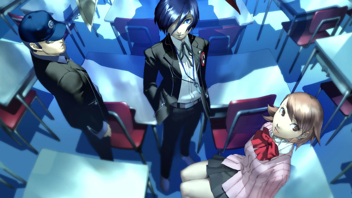 Teens in a classroom look up at the camera in Persona 3