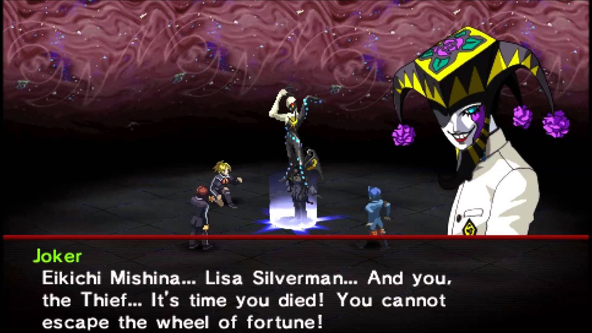 An image from Persona 2: Eternal Punishment, where Joker says “Eikichi Mishina... Lisa Silverman... And you, the Thief... It’s time you died! You cannot escape the wheel of fortune!”
